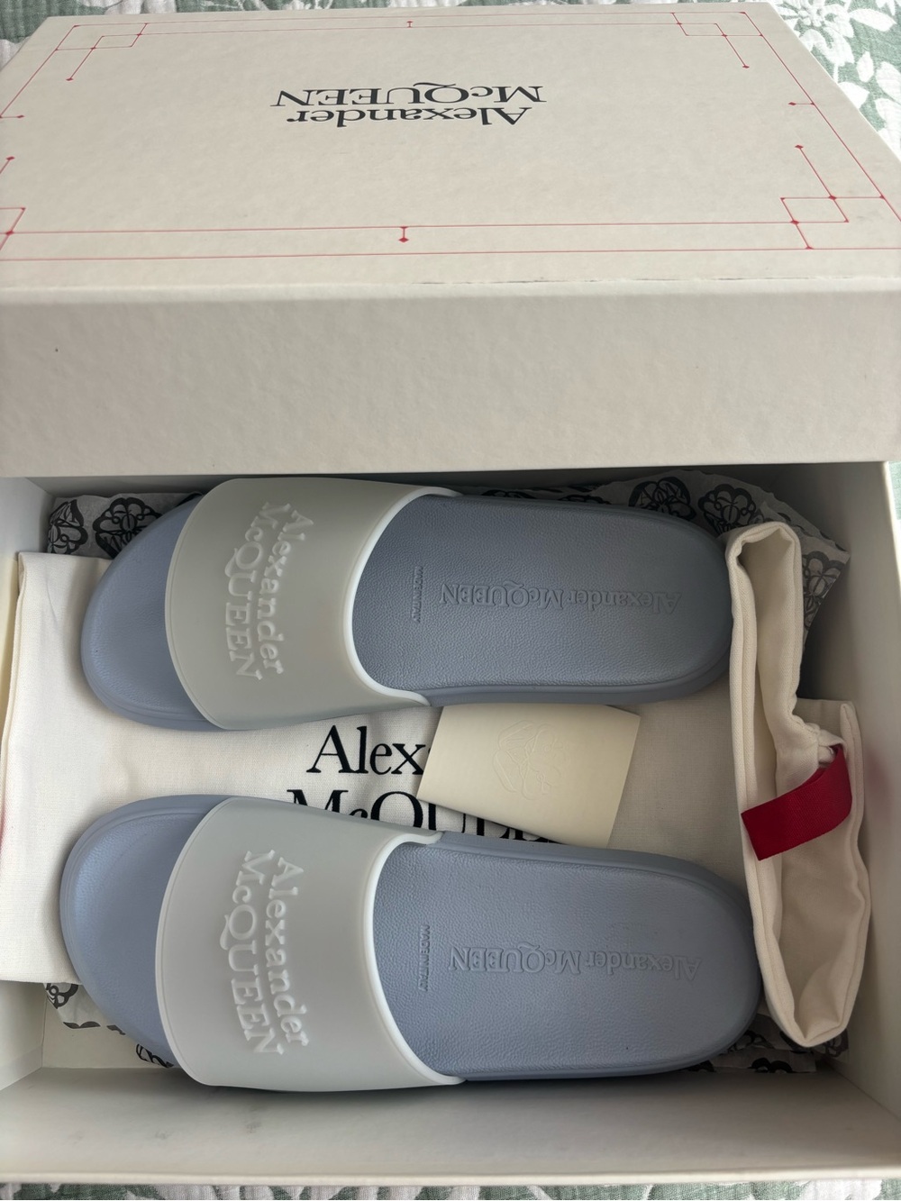 Alexander McQueen Light Blue and White Slide Sandals